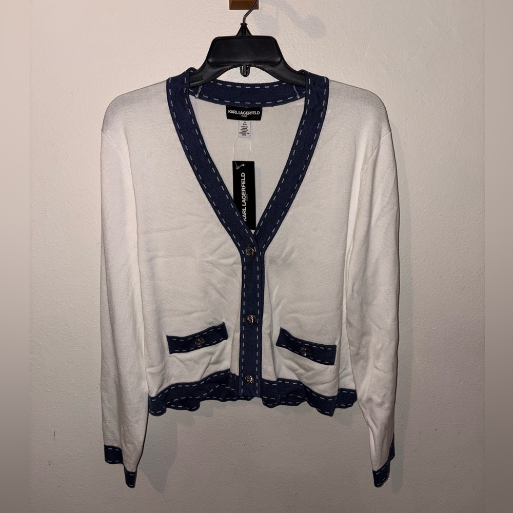 Karl Lagerfeld White and Navy V-Neck Cardigan